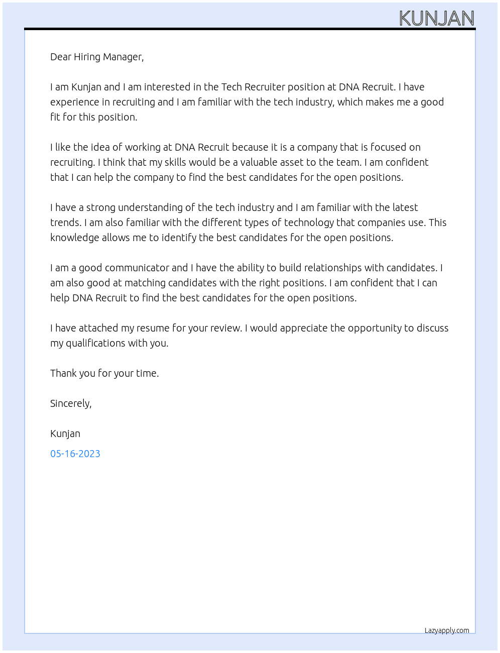 Tech Recruiter At DNA Recruit  Cover Letter