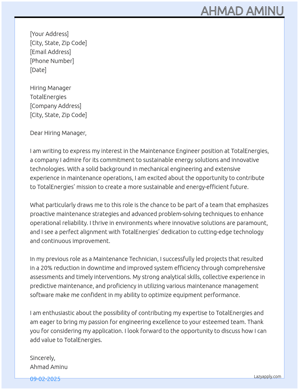 maintenance Engineer At TotalEnergies Cover Letter