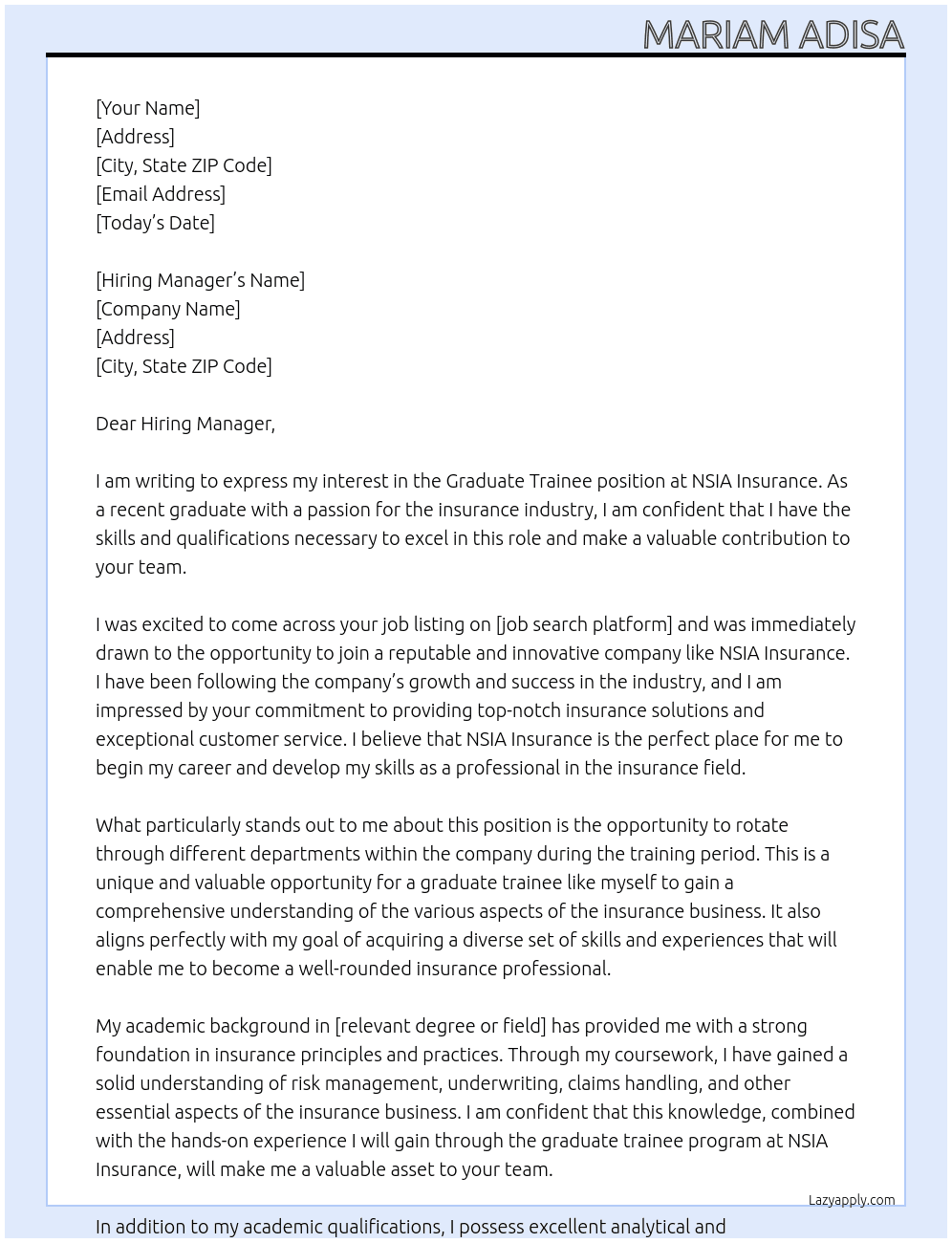 Graduate Trainee At NSIA Insurance Cover Letter