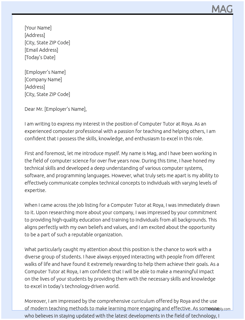 COMPUTER TUTOR At ROYA Cover Letter