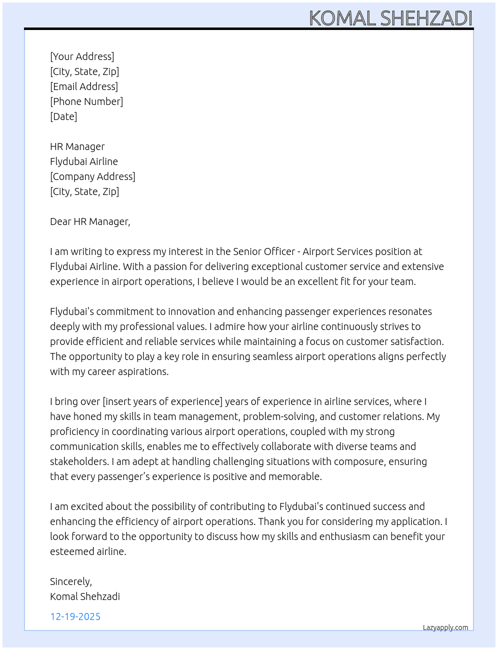 Senior Officer - Airport Services At Flydubai Airline Cover Letter