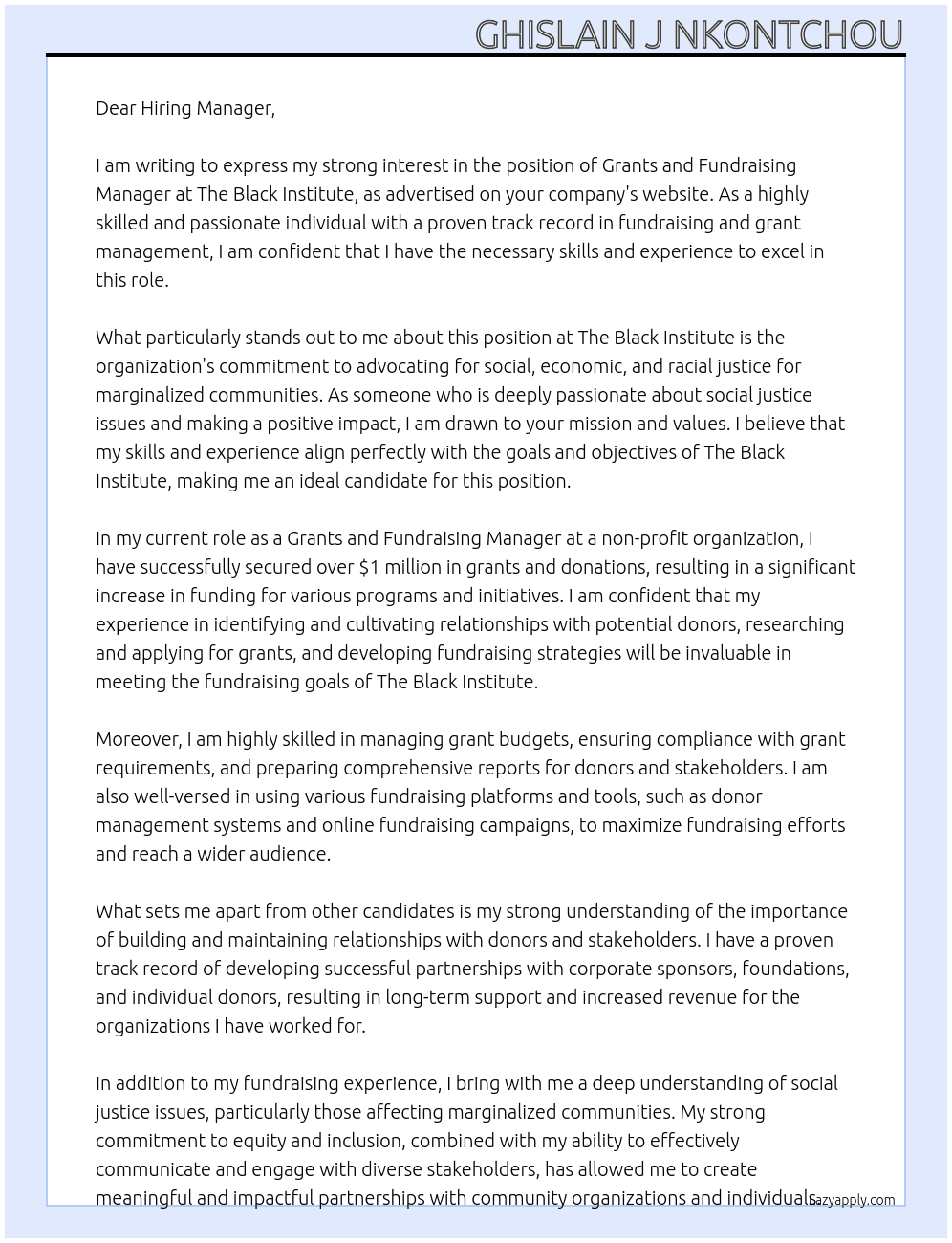 Grants and Fundraising Manager At The Black Institute Cover Letter