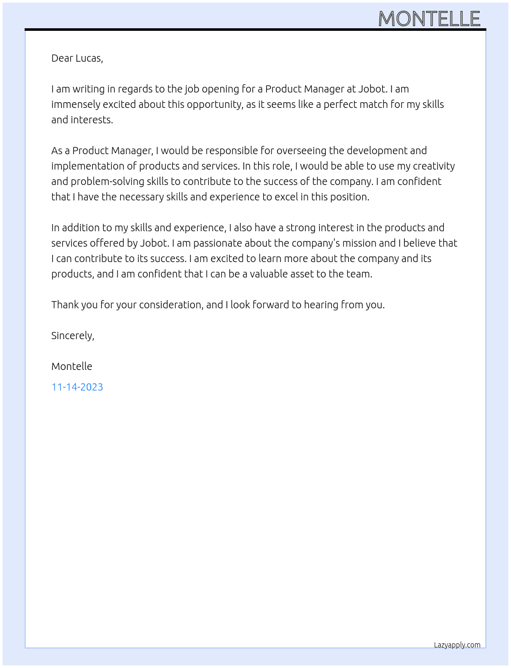 Product manager  At Jobot Cover Letter