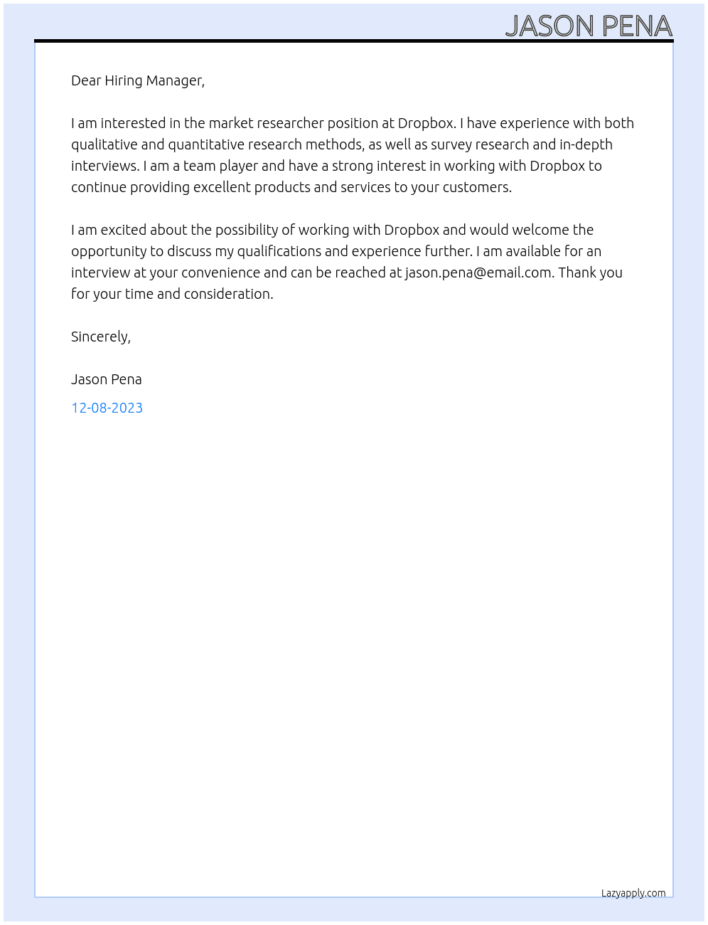 market researcher At Dropbox Cover Letter