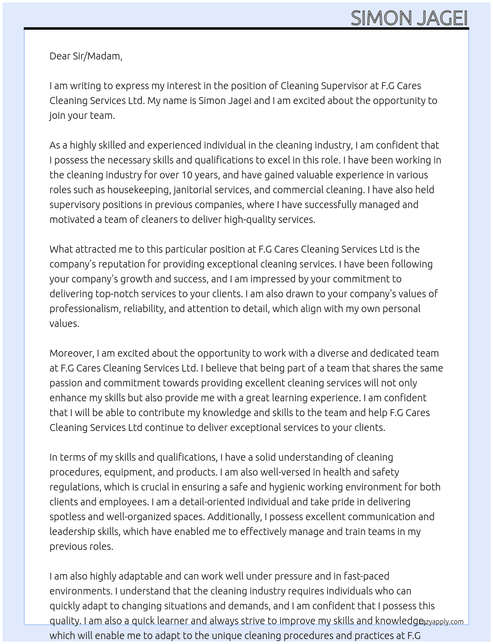 cleaning supervisor At F.G Cares Cleaning Services Ltd Cover Letter