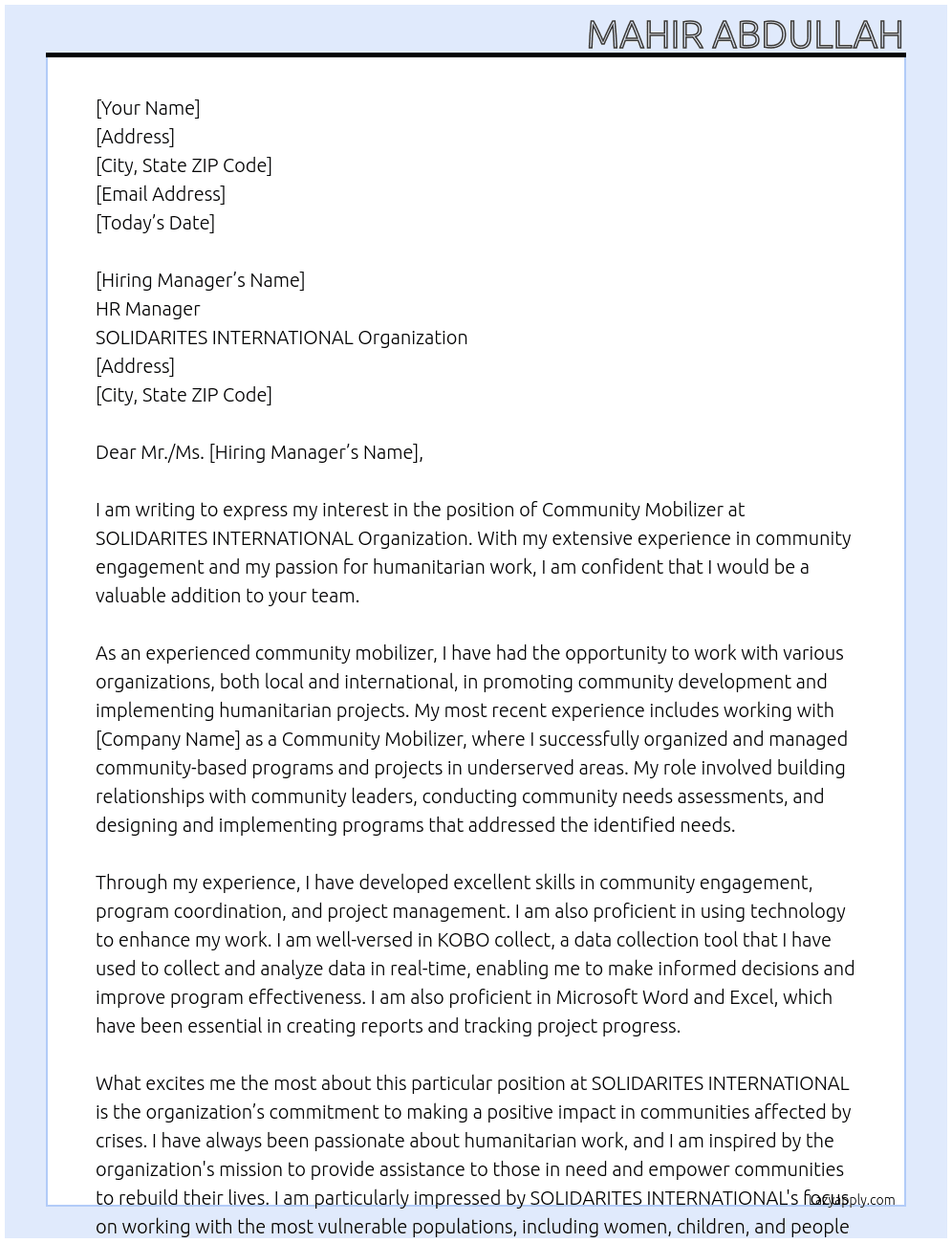 Community Mubilizer At SOLIDARITES INTERNATIONAL Organization  Cover Letter
