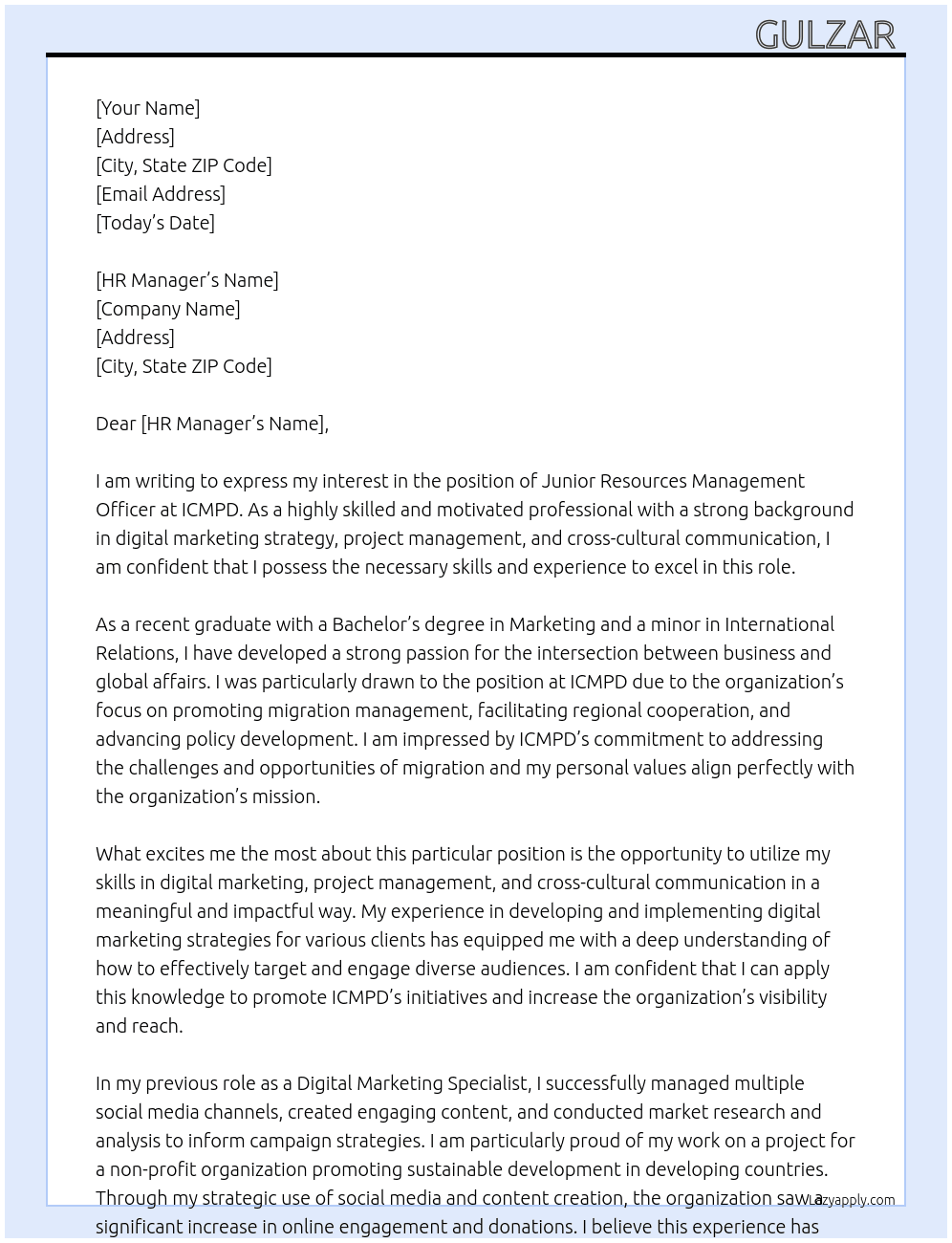 Junior Resources Management Officer At ICMPD Cover Letter