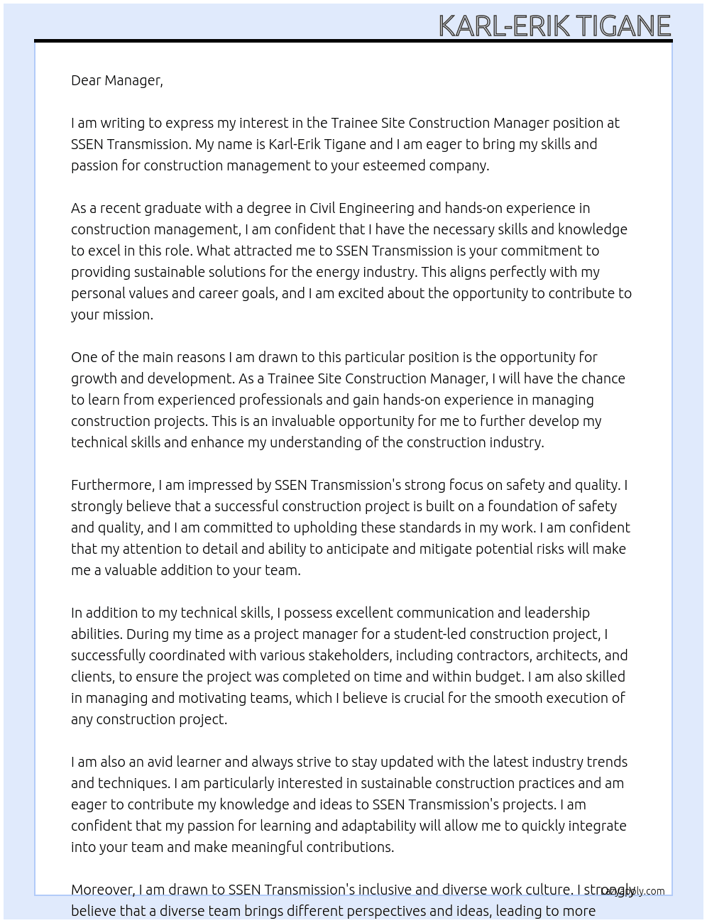 Trainee Site Construction Manager At SSEN Transmission Cover Letter