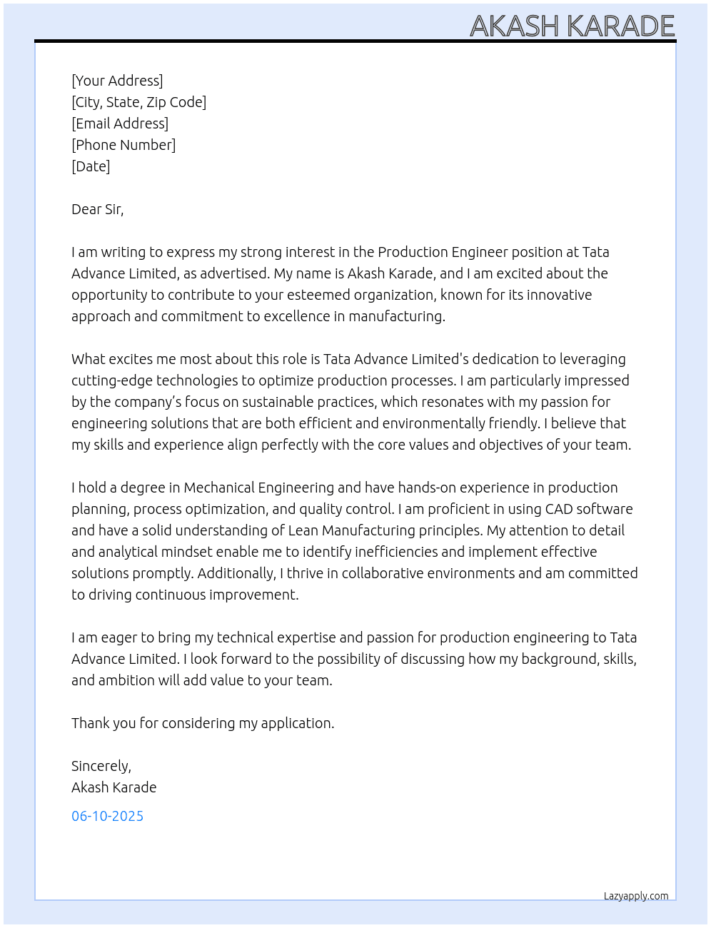 Production Engineer  At Tata Advance Limited  Cover Letter