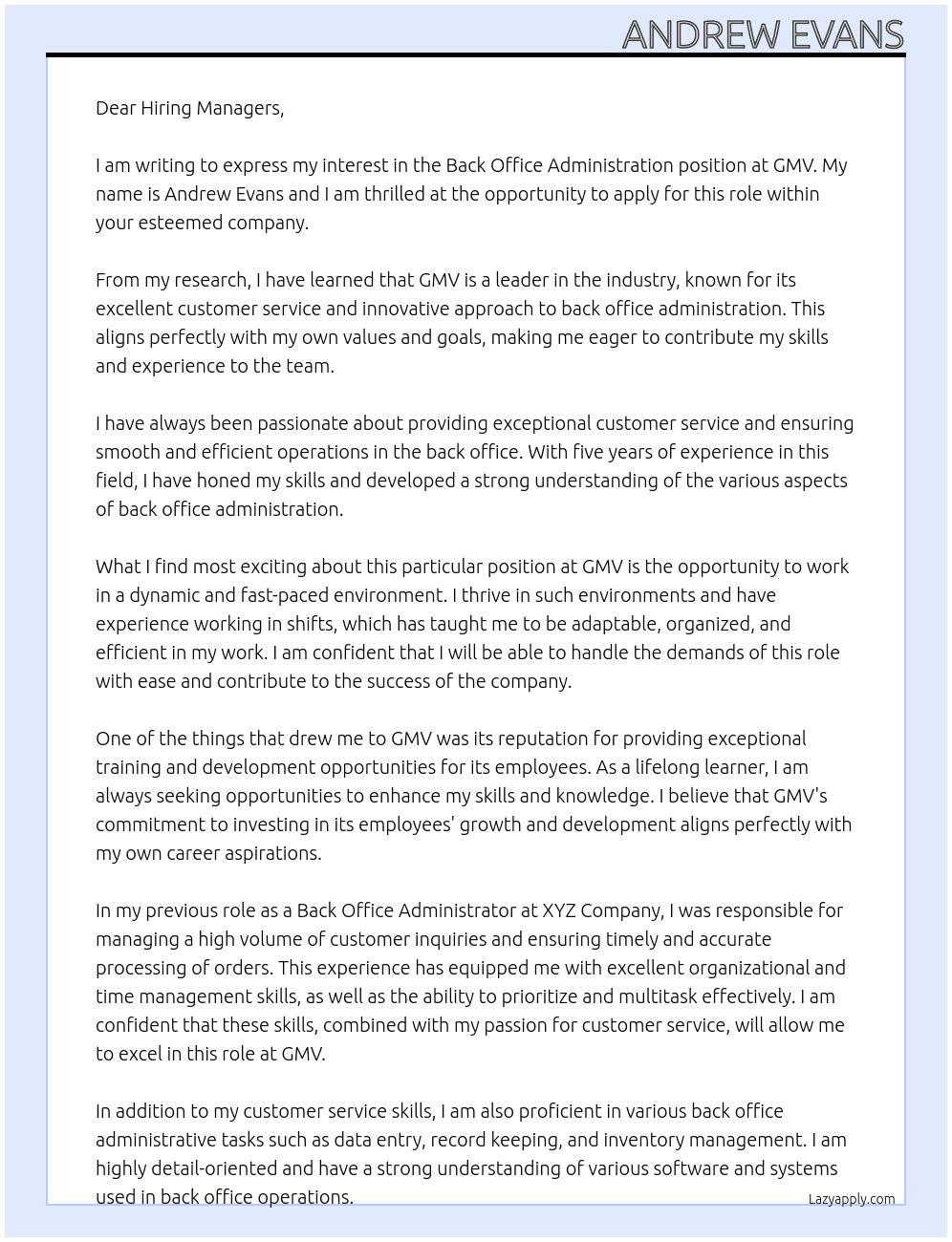 Back Office Administration  At GMV Cover Letter