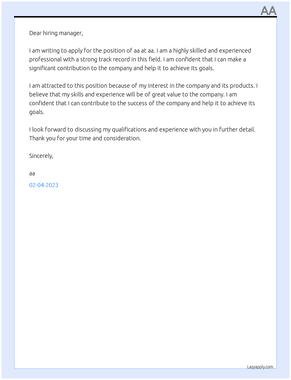 Cover letter for aa - LazyApply