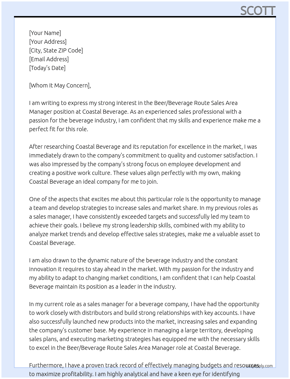 Beer/Beverage Route Sales Area Manager At Coastal Beverage Cover Letter