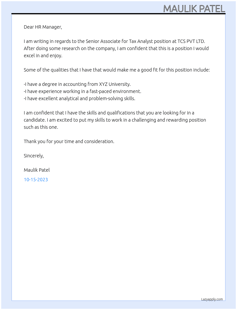 Senior associate for tax analyst  At TCS PVT LTD Cover Letter