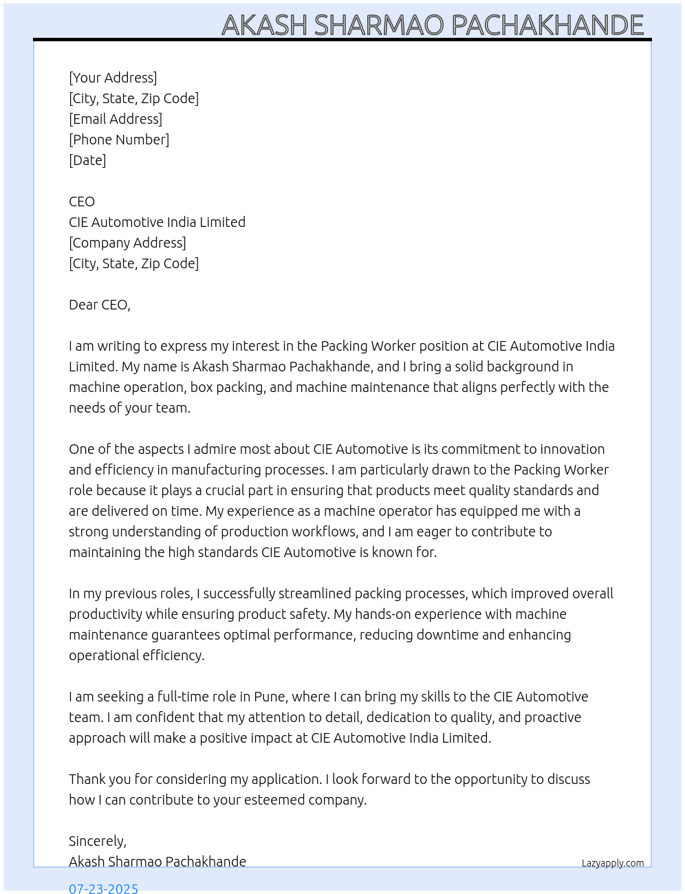 Cover letter for packing workar - LazyApply