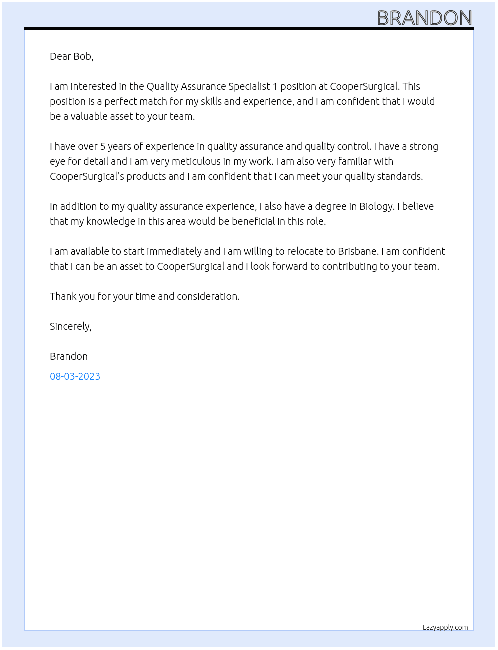 Quality Assurance Specialist 1 At CooperSurgical Cover Letter
