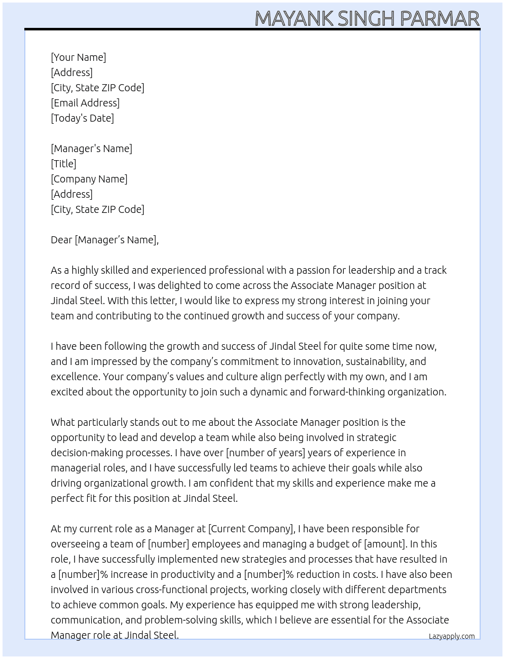 Associate Manager At Jindal Steel Cover Letter
