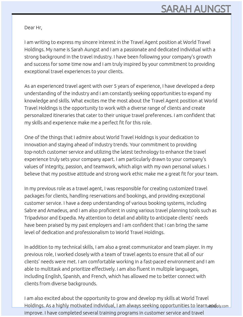 Travel agent At World Travel Holdings Cover Letter
