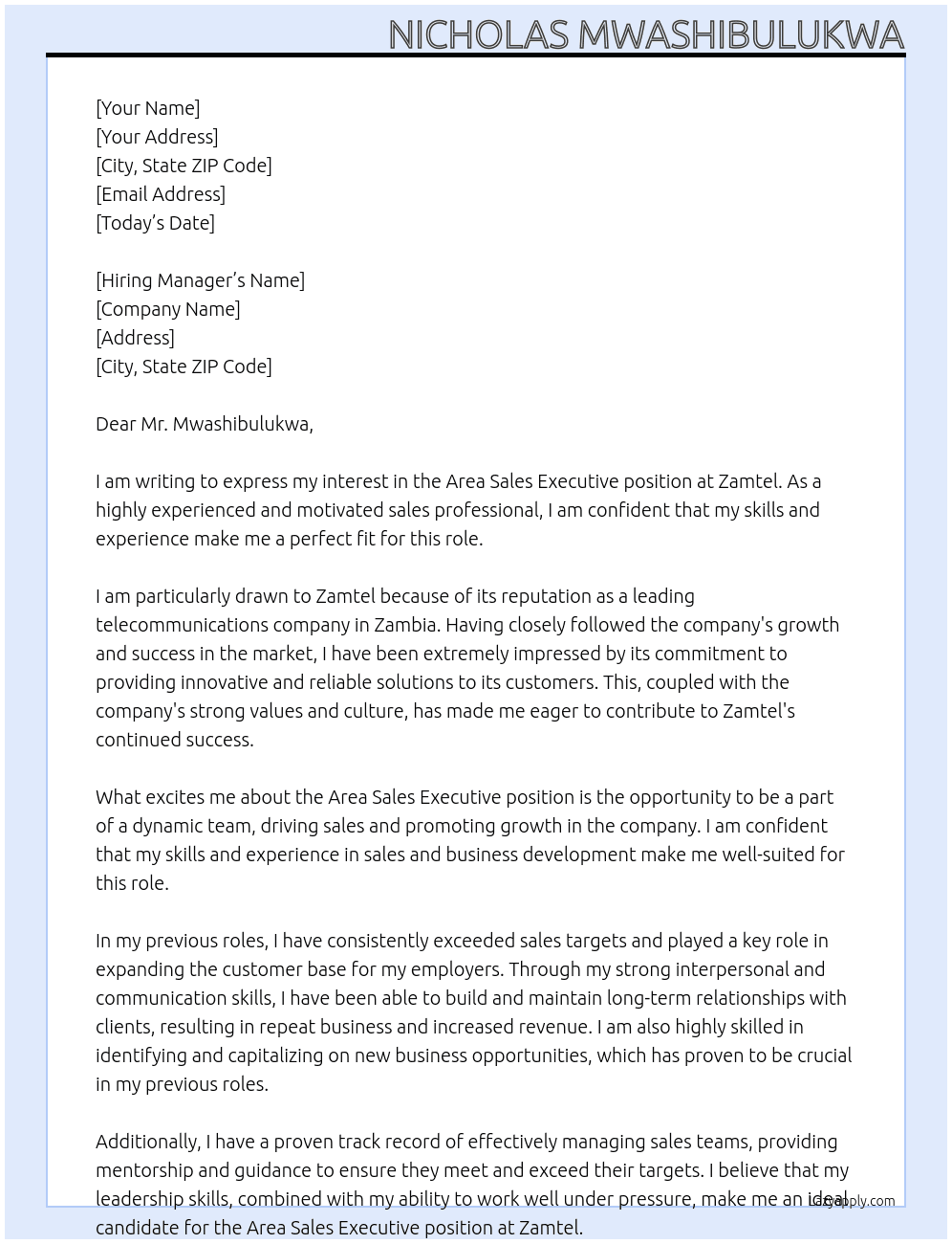 Area Sales Executive At Zamtel Cover Letter