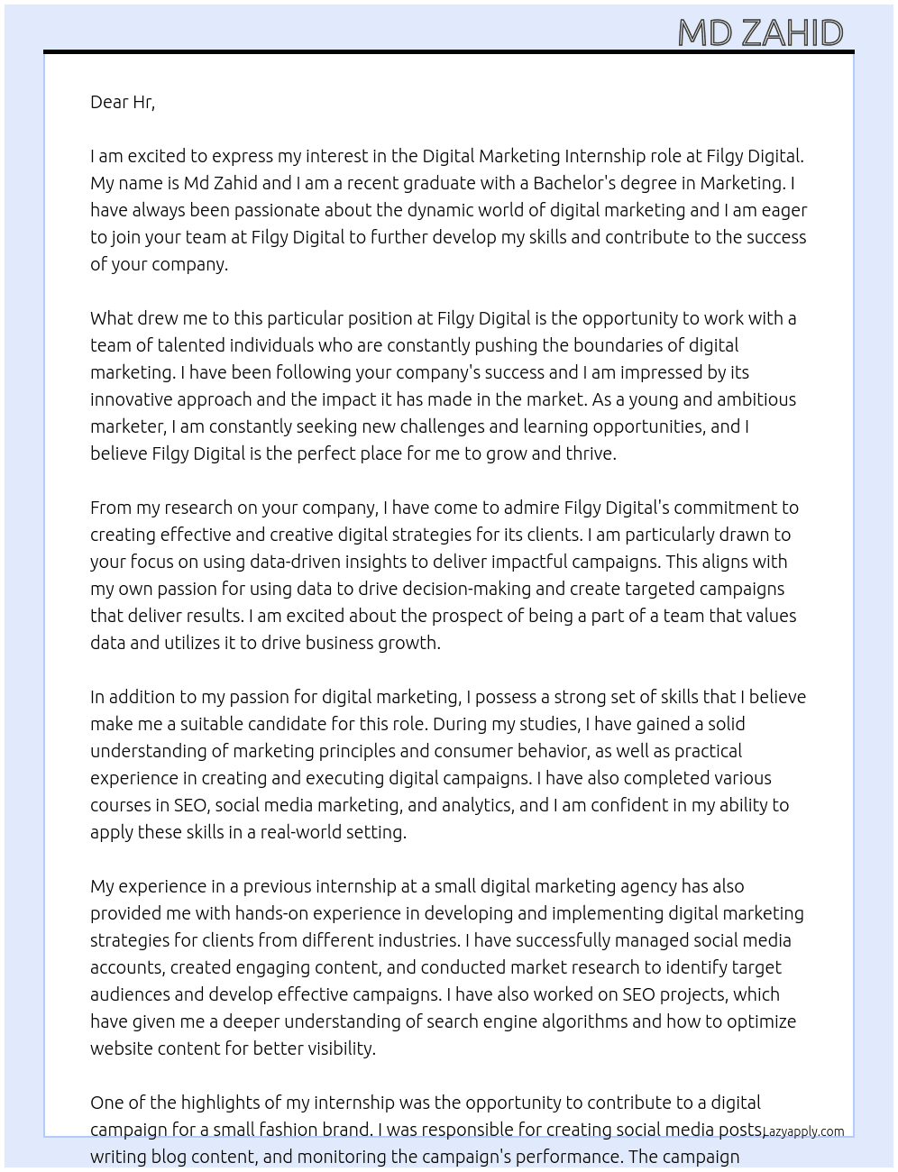 Digital marketing  At Filgy Digital Cover Letter