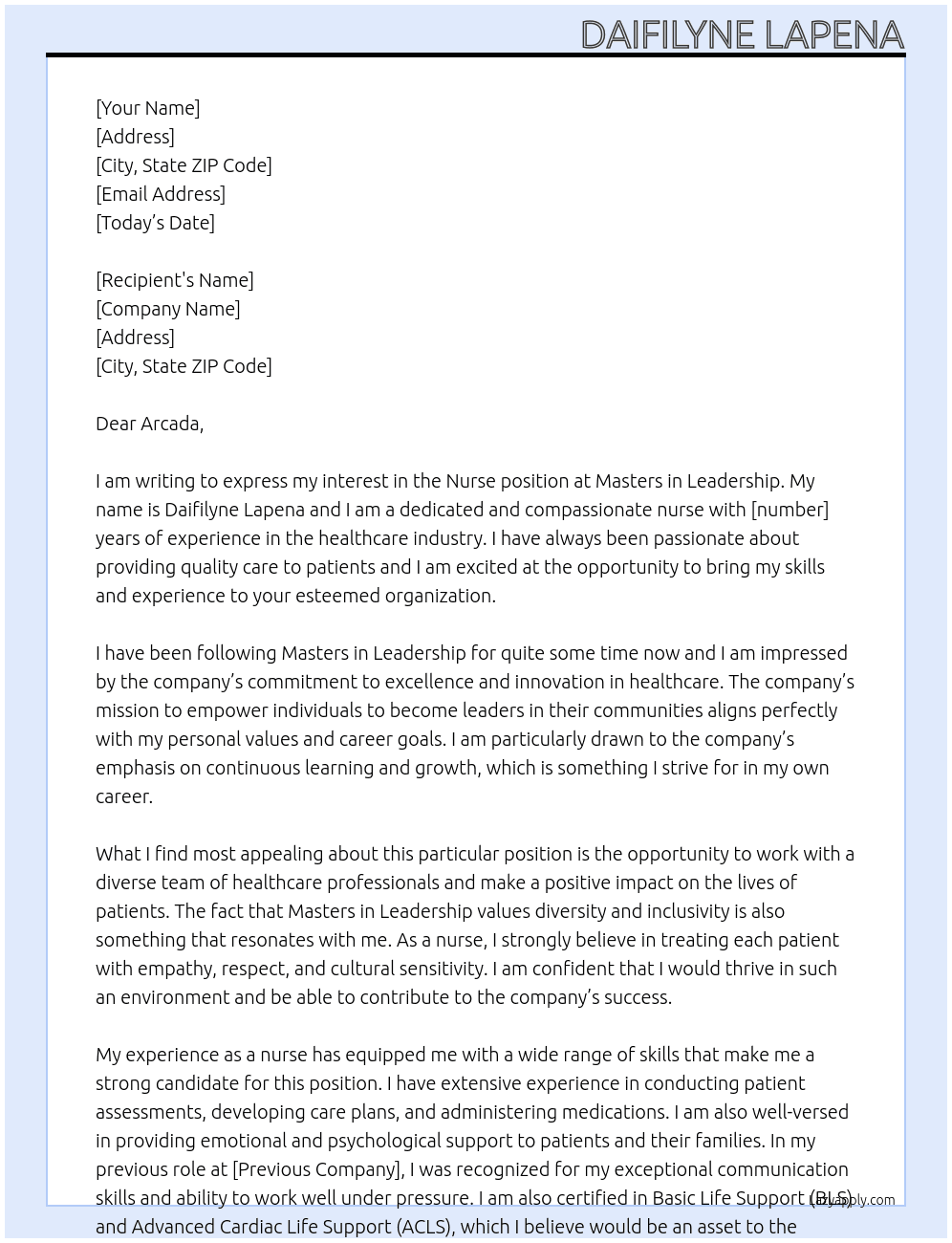 Nurse At  masters i leadership  Cover Letter