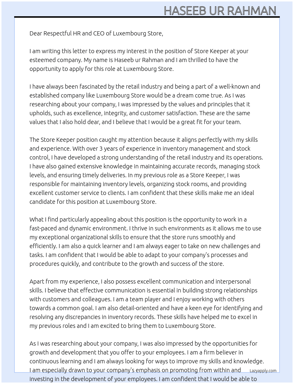 Store keeper  At Luxembourg store Cover Letter