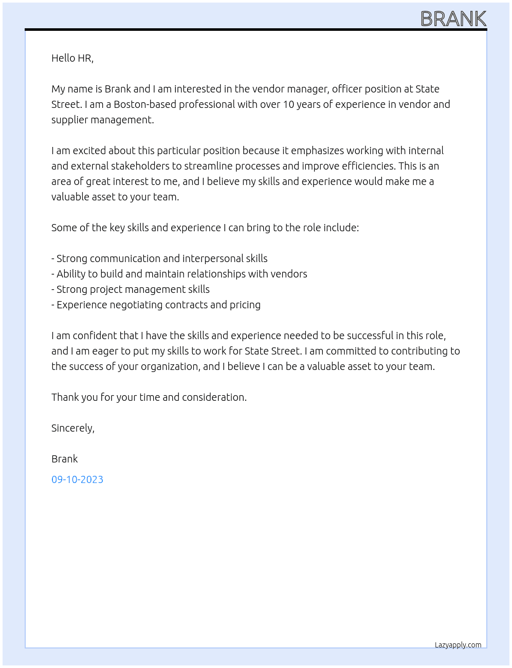Vendor manager, officer At State Street Cover Letter