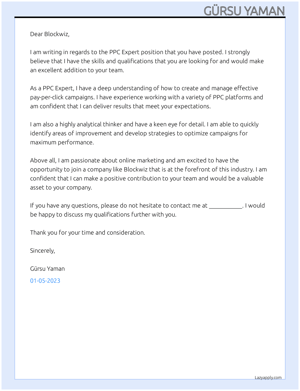 PPC Expert At Blockwiz Cover Letter