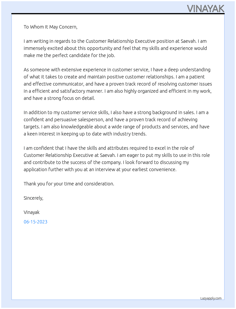 Customer Relationship Executive At Saevah Cover Letter