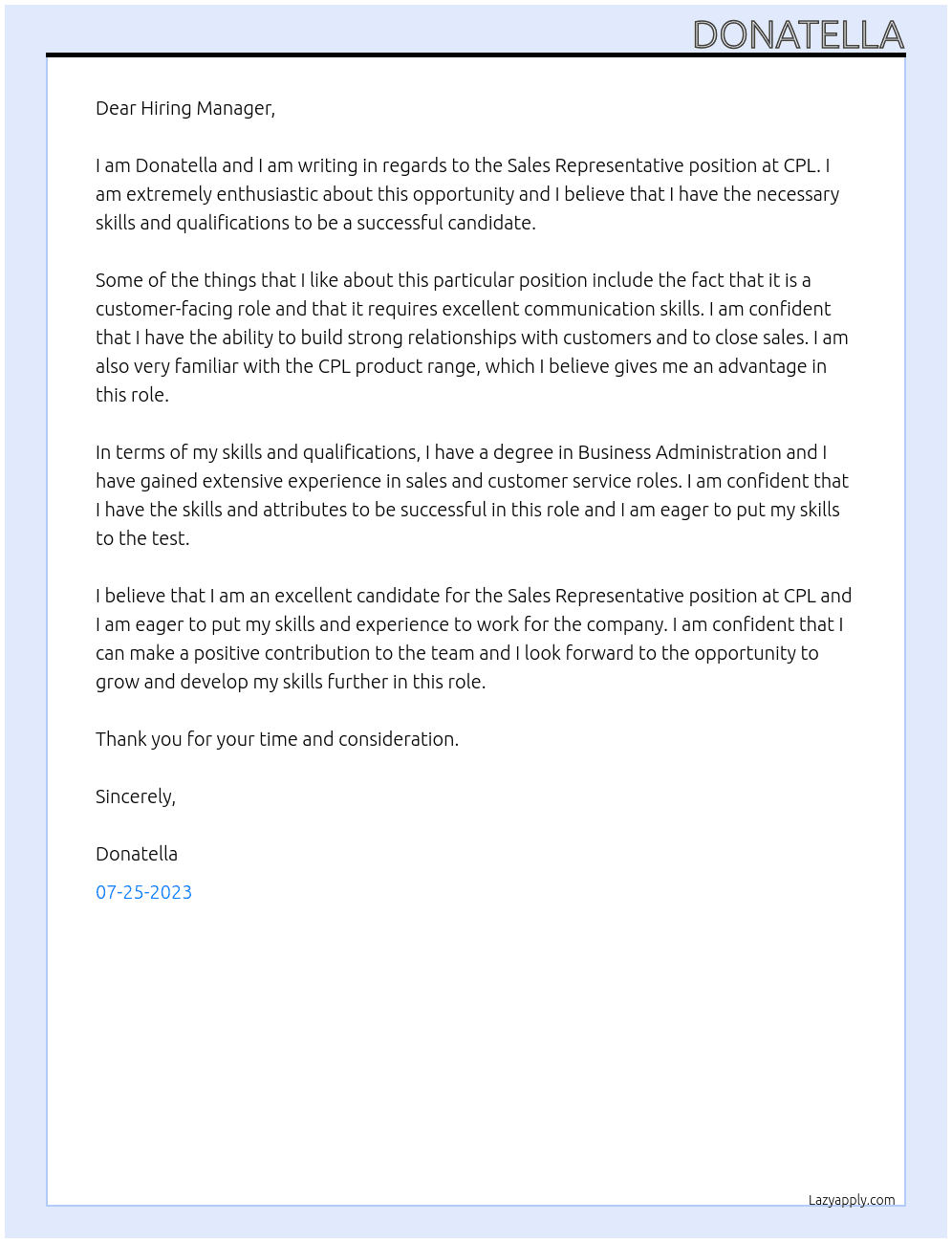Sales Representative At CPL Cover Letter