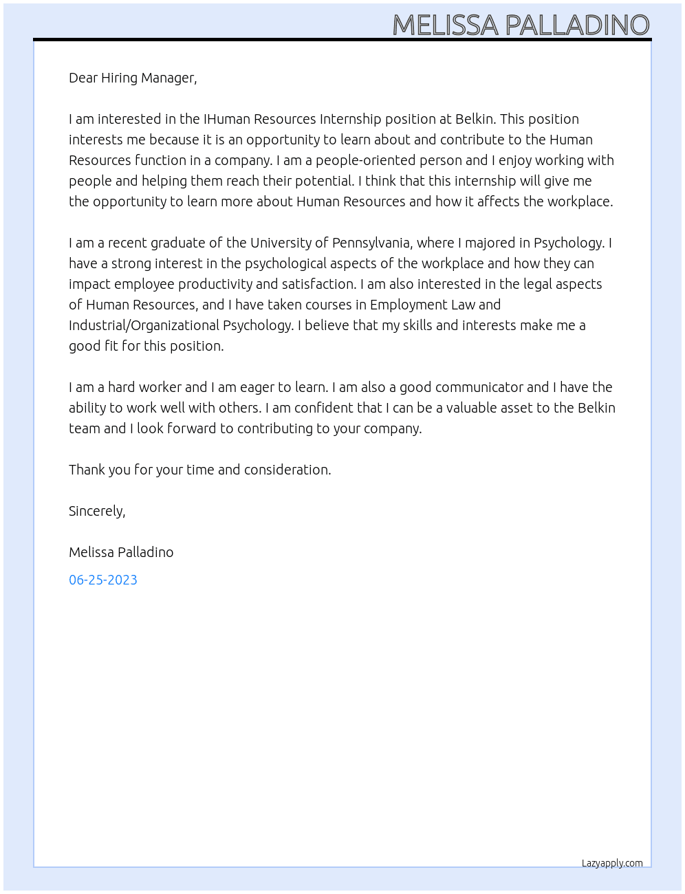 IHuman Resources Internship At Belkin Cover Letter