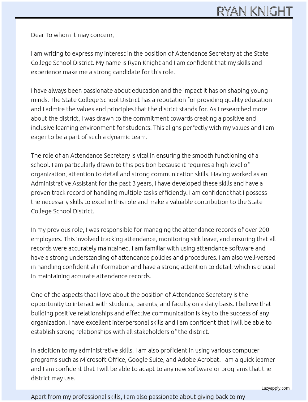 Attendance Secretary At State College School District Cover Letter