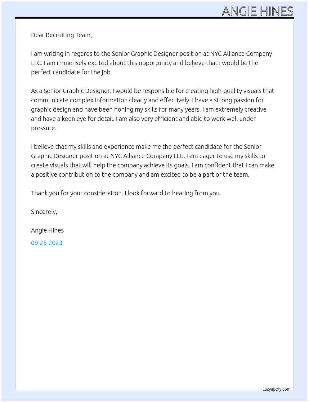 Senior Graphic Designer At NYC Alliance Company LLC Cover Letter