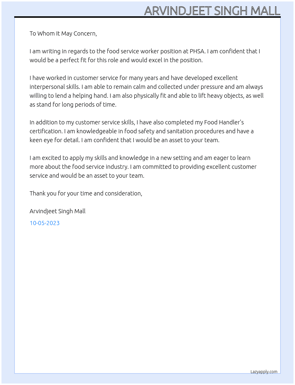 Food service worker  At PHSA Cover Letter