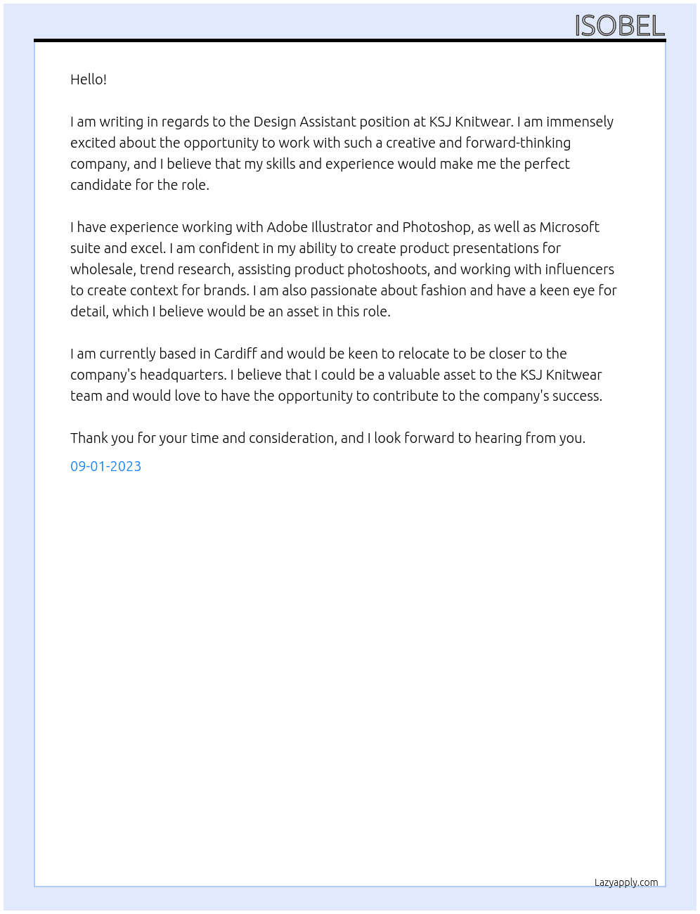 Design Assistant  At KSJ Knitwear Cover Letter