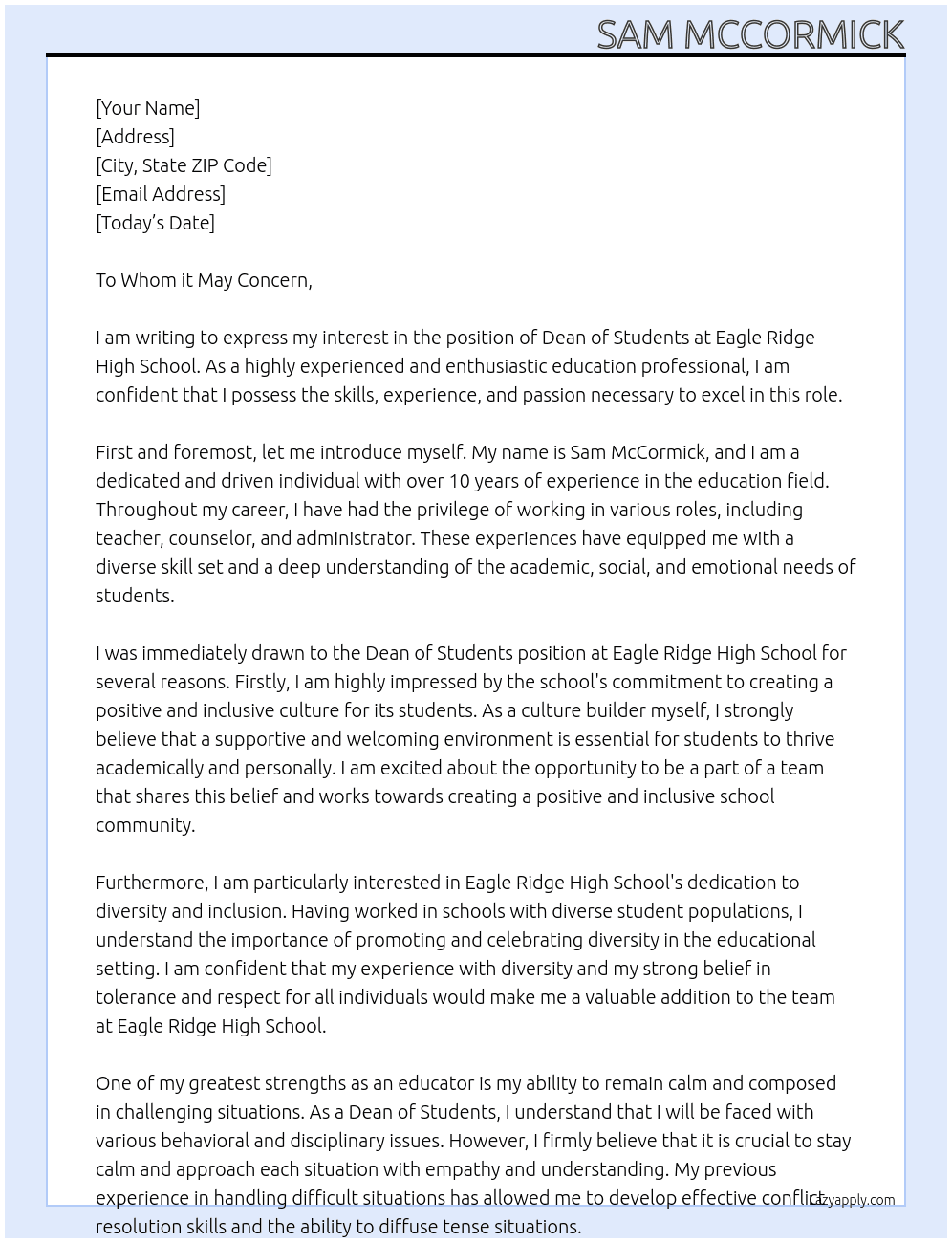 Dean of Students At Eagle Ridge High School Cover Letter