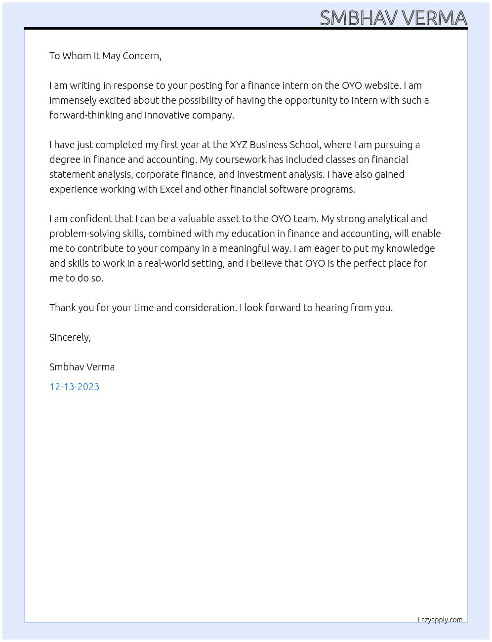 Finance Intern At OYO Cover Letter