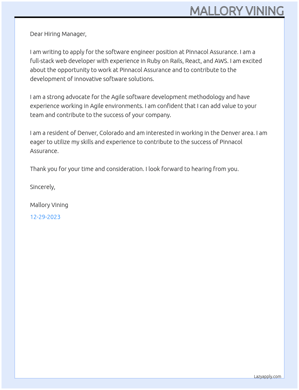 software engineer At Pinnacol Assurance Cover Letter
