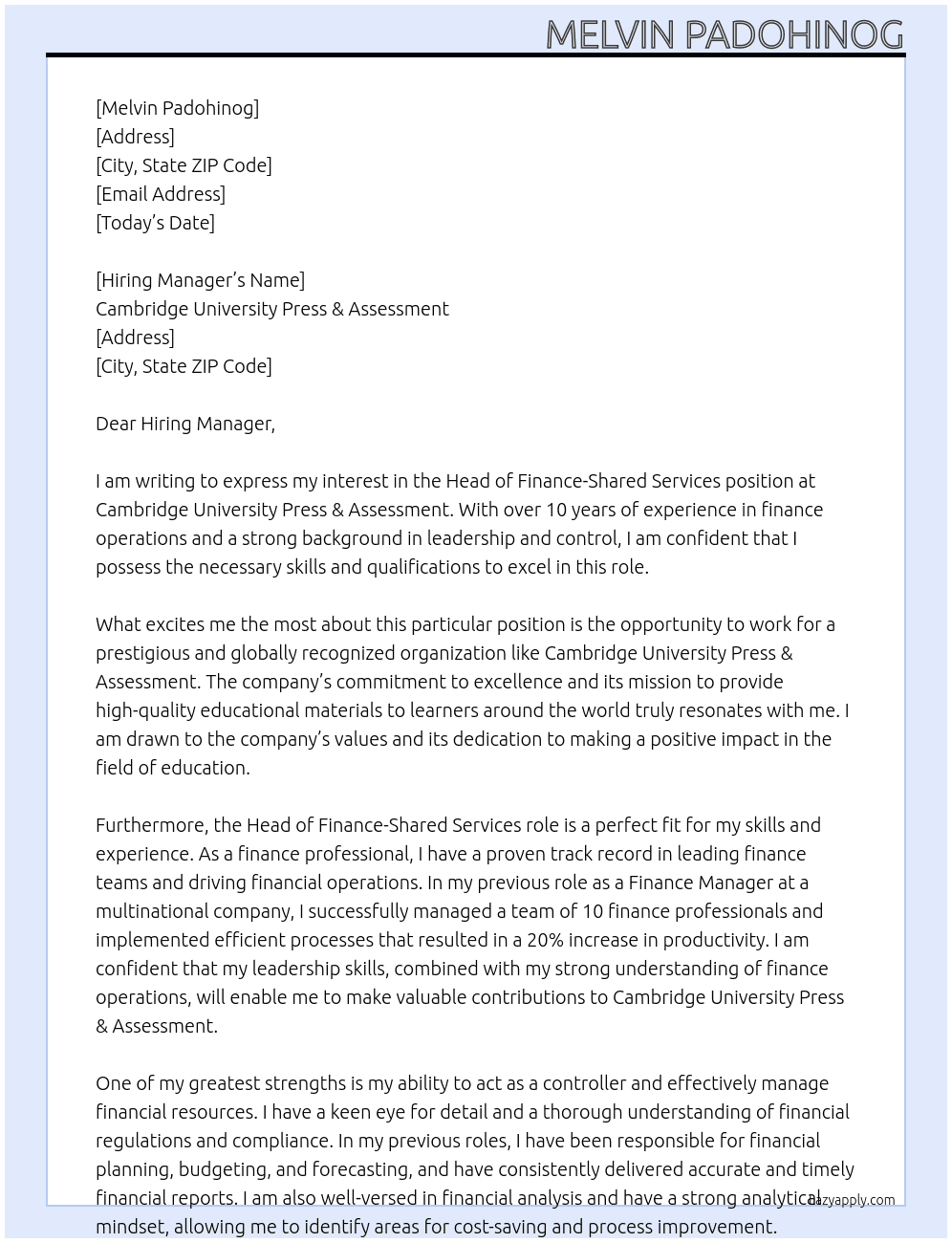 Head of Finance-Shared Services At Cambridge University Press & Assessment Cover Letter