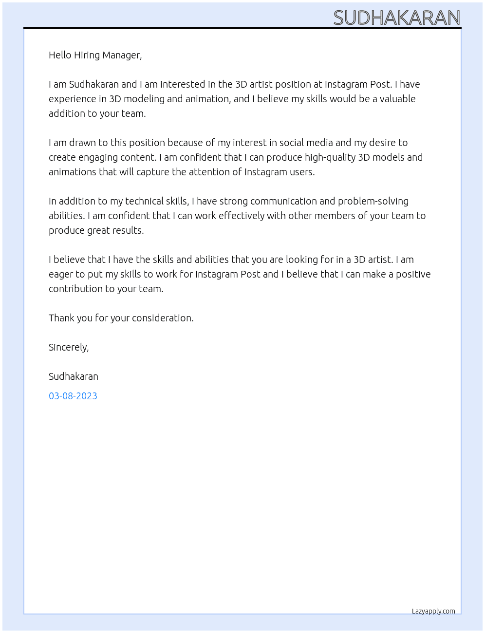 3d artist At instagram post Cover Letter