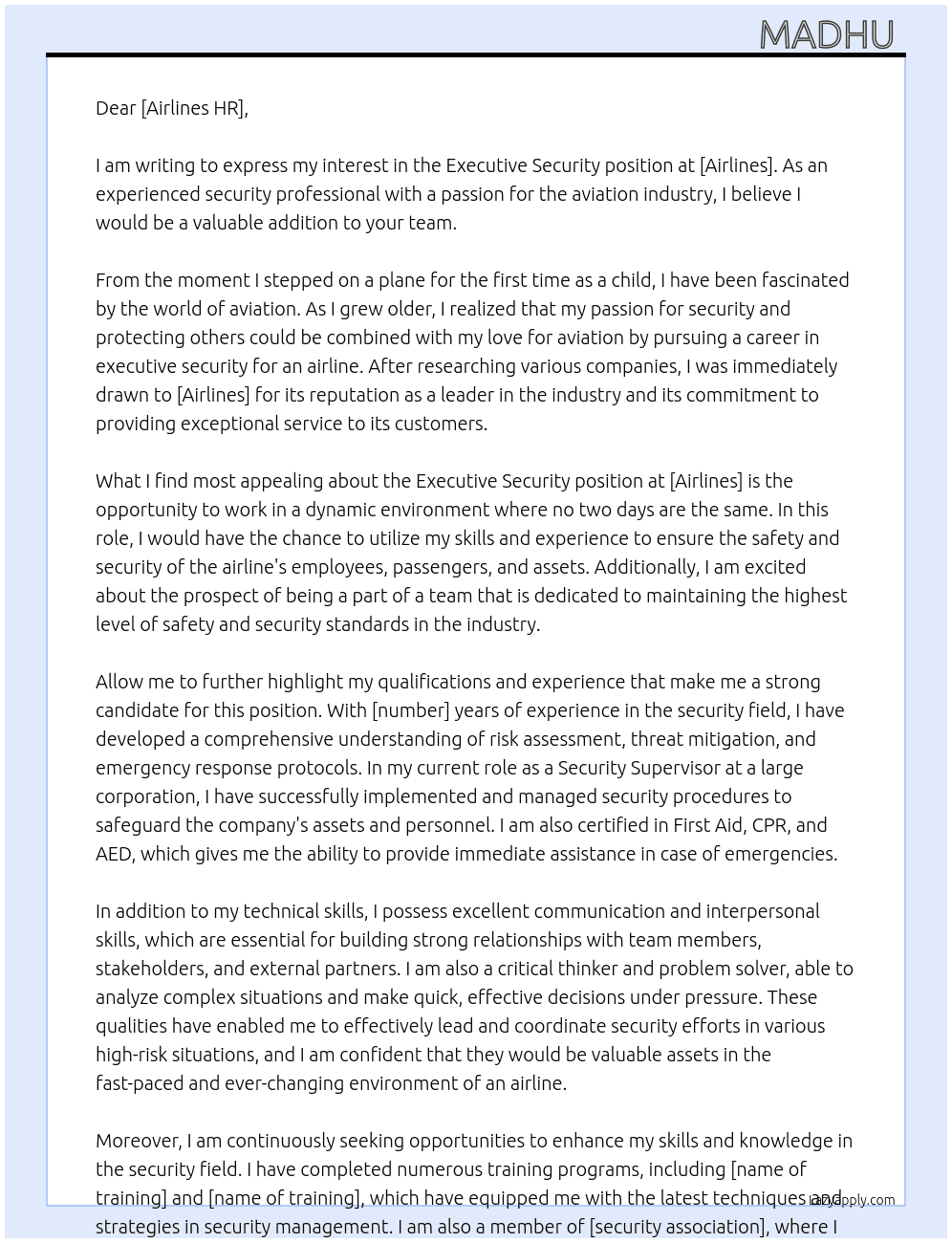 executive security At airlines Cover Letter