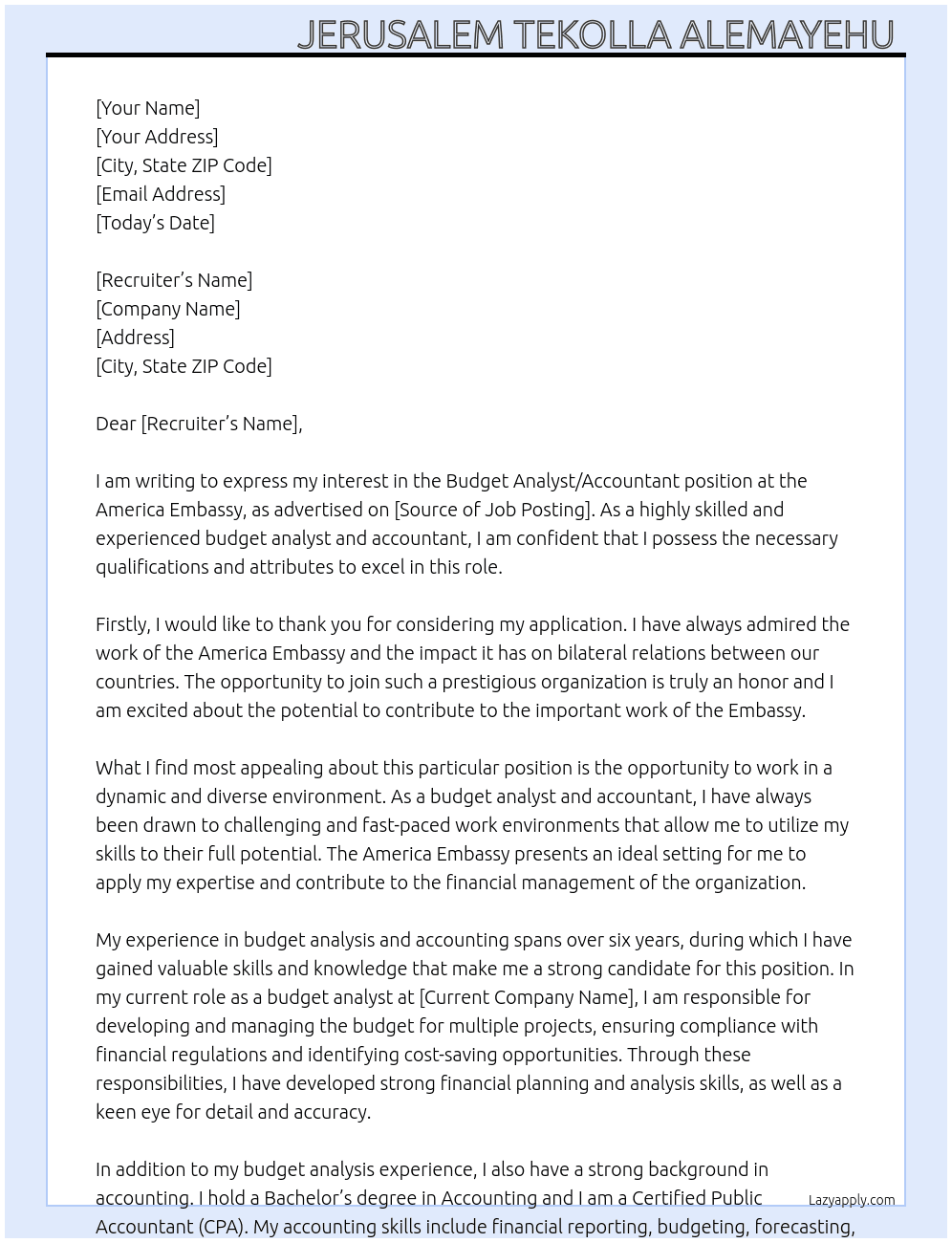 Budget Analyst/Accountant At America Embassy  Cover Letter