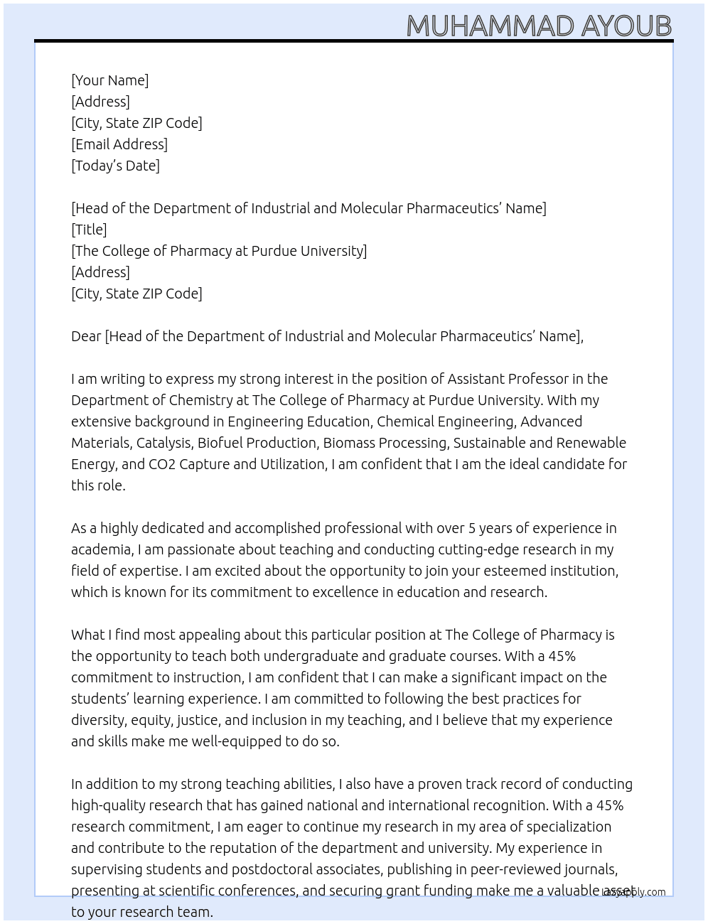 Assistant Professor At The College of Pharmacy at Purdue University Cover Letter