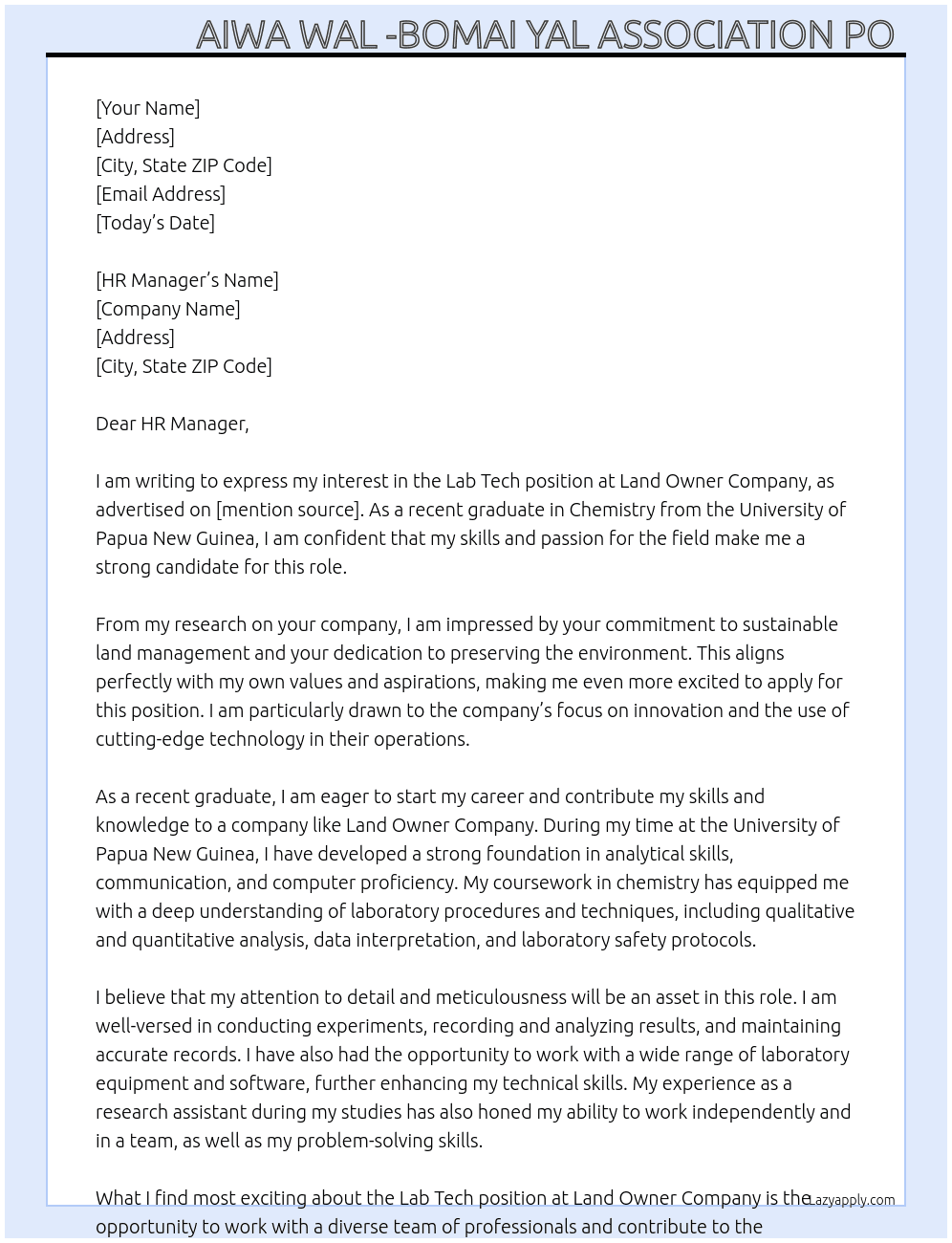 Lab  tech  At Land owner company  Cover Letter