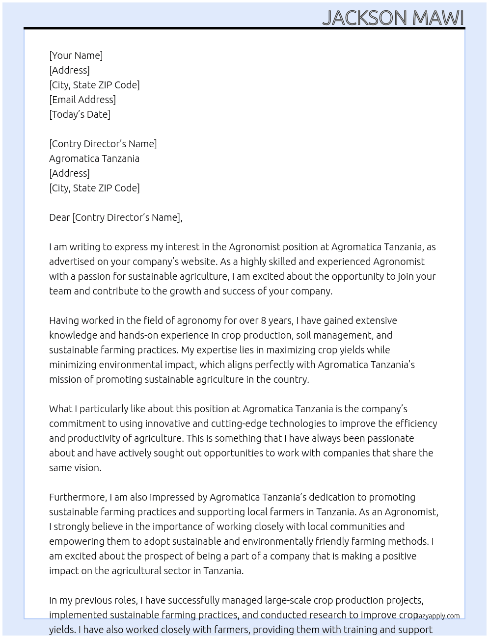 Agronomist At Agromatica tanzania Cover Letter