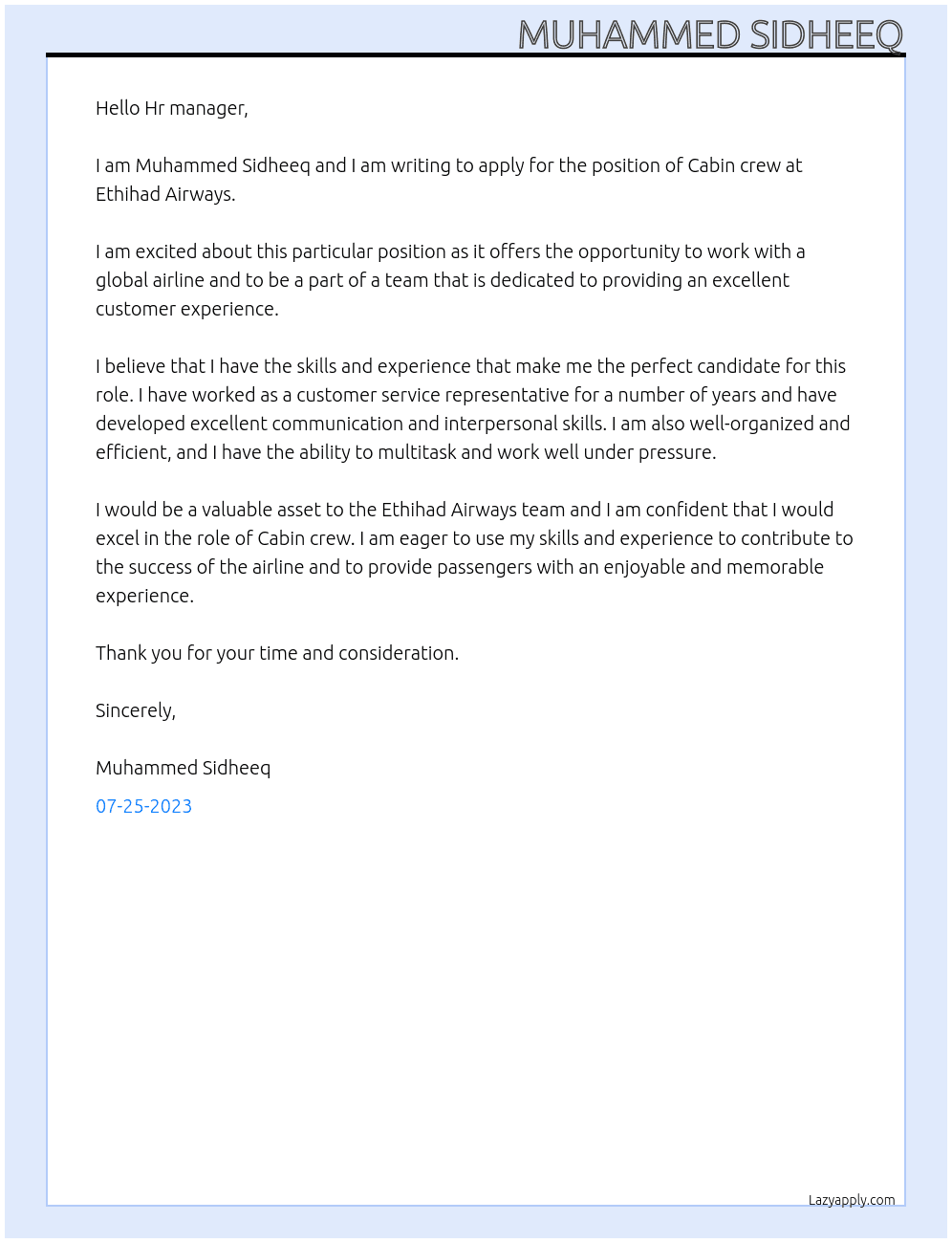 Cabin crew At Ethihad airways Cover Letter