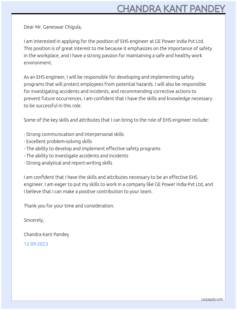 Ehs engineer At GE Power India Pvt Ltd Cover Letter