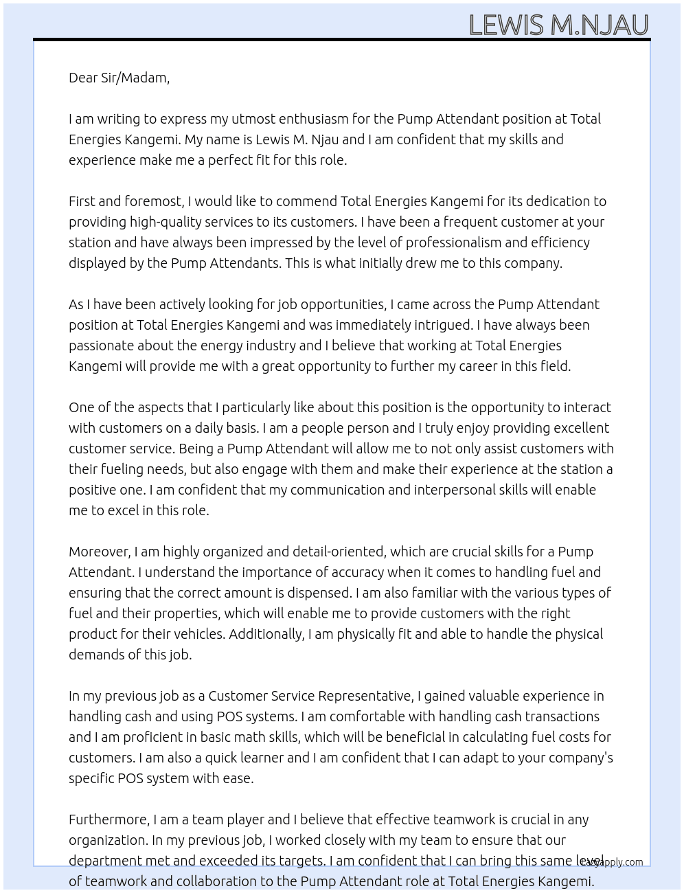 Pump Attendant  At Total Energies Kangemi  Cover Letter