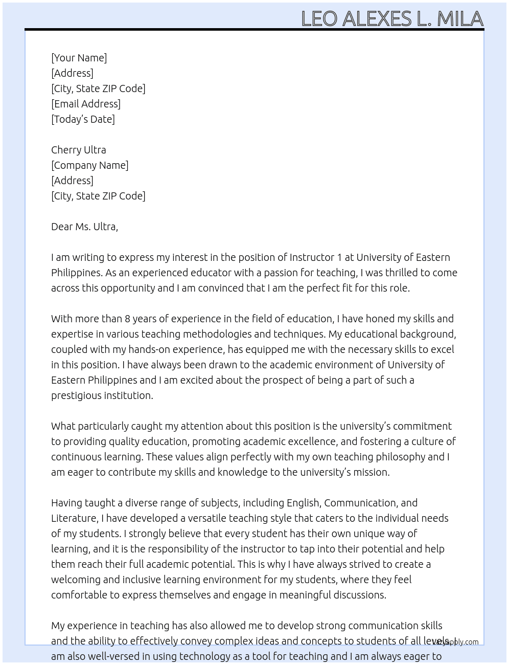 Instrucor 1 At University of Eastern Philippines  Cover Letter