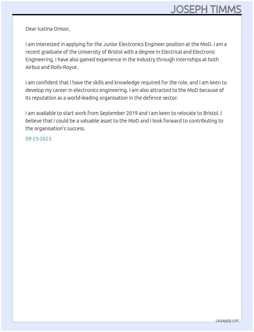Junior Electronics Engineer At MoD Cover Letter