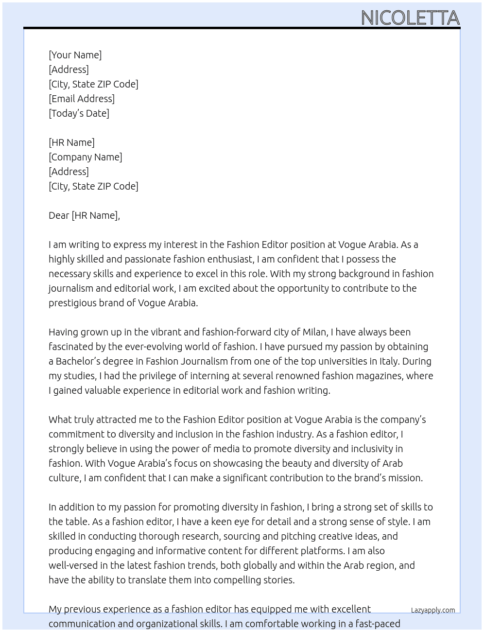 Cover letter for fashion editor - LazyApply